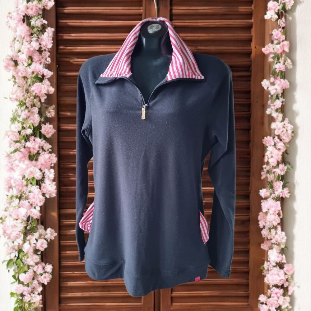 Bula Women's Black and Pink Striped Collar Comfy 1/4 Zip Activewear Top